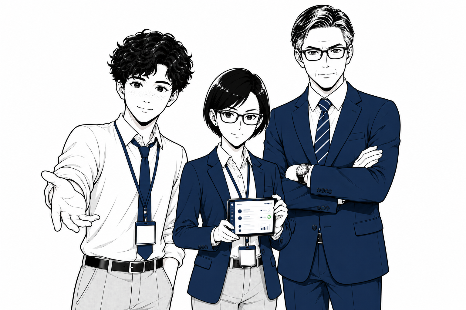 凛・颯太・立花の3人が歓迎する構図。凛はNeNe Clearの画面を提示