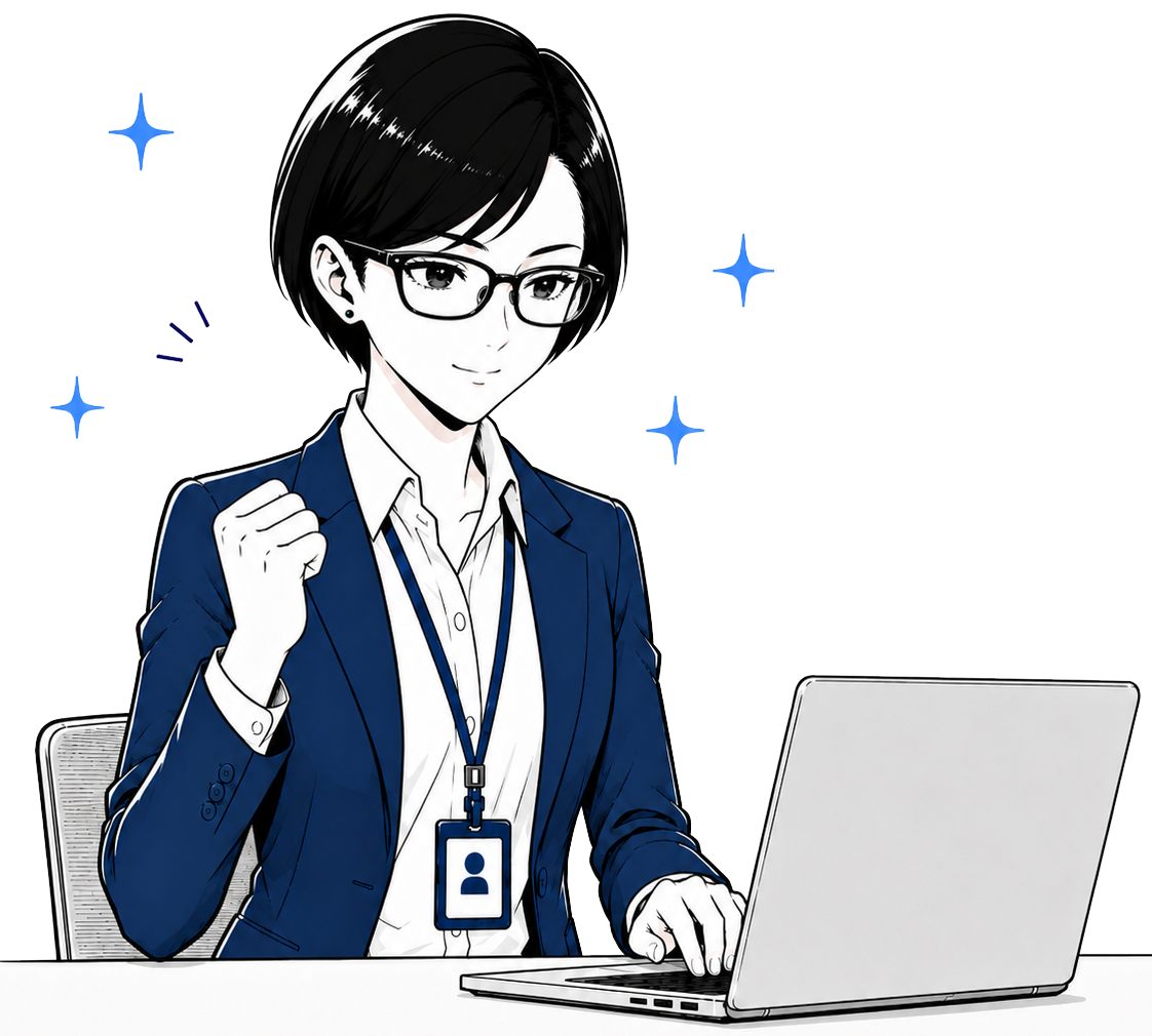 デスクでNeNe Clearを使い、入金消込を終えて小さくガッツポーズする経理担当の凛