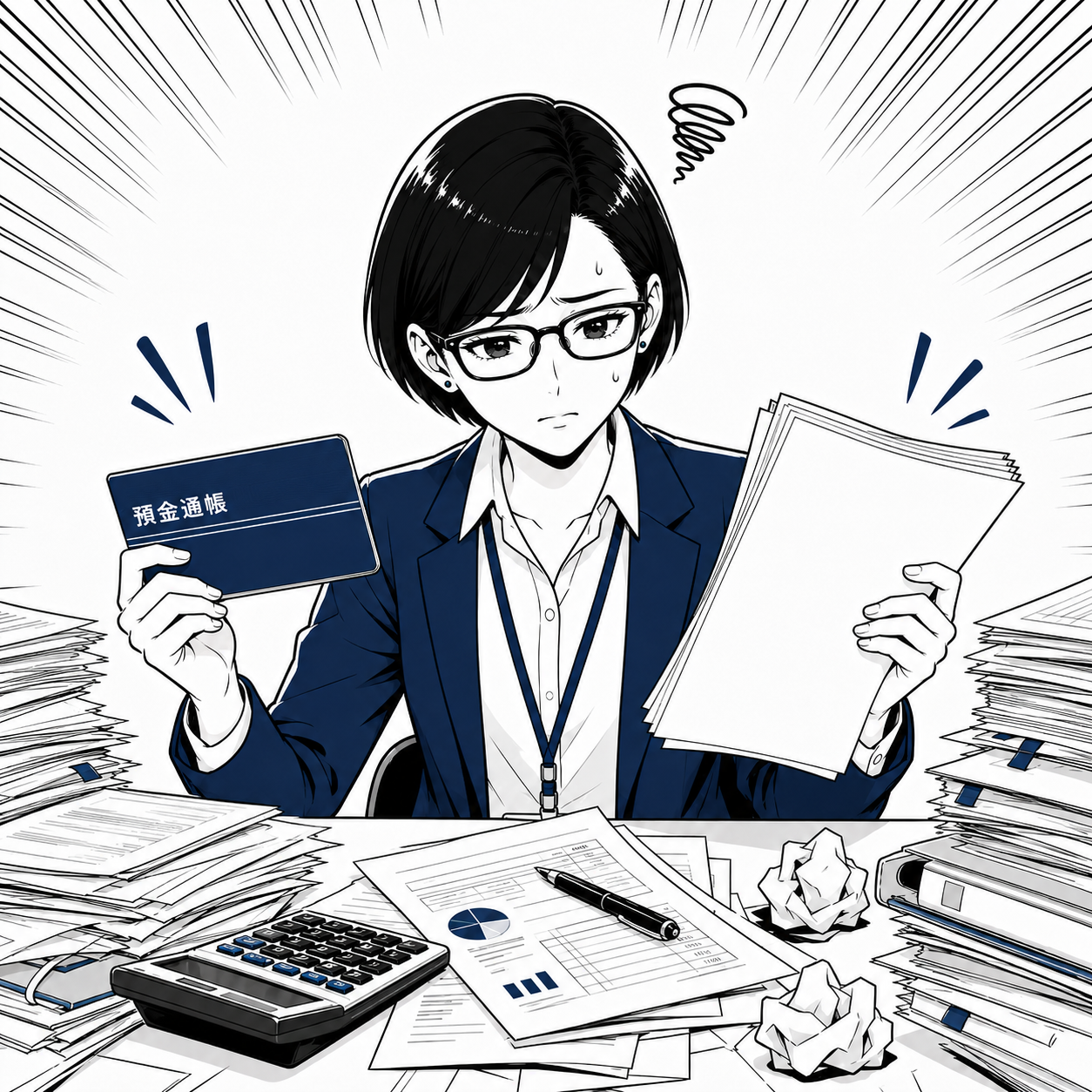 預金通帳と大量の書類を手に困り顔の凛 — 銀行明細との突合作業