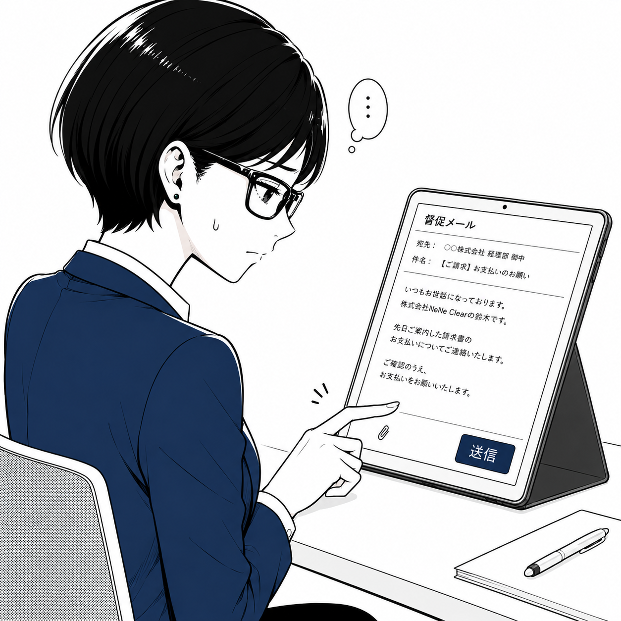 督促メールの送信ボタンを前に、ためらう凛