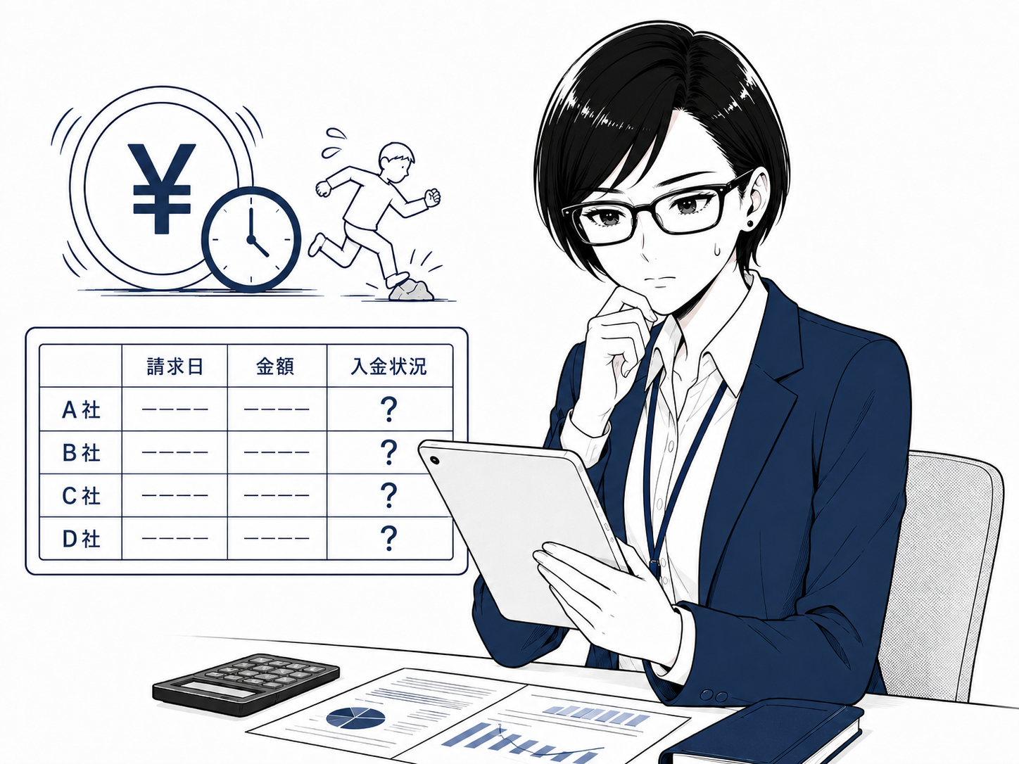 入金状況が「？」だらけの売掛表を前に考え込む凛 — 滞留する売掛金