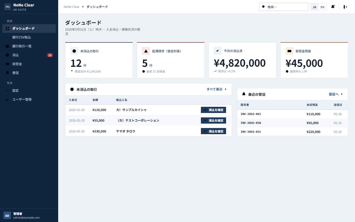 NeNe Clear 入金消込ダッシュボード（実画面）