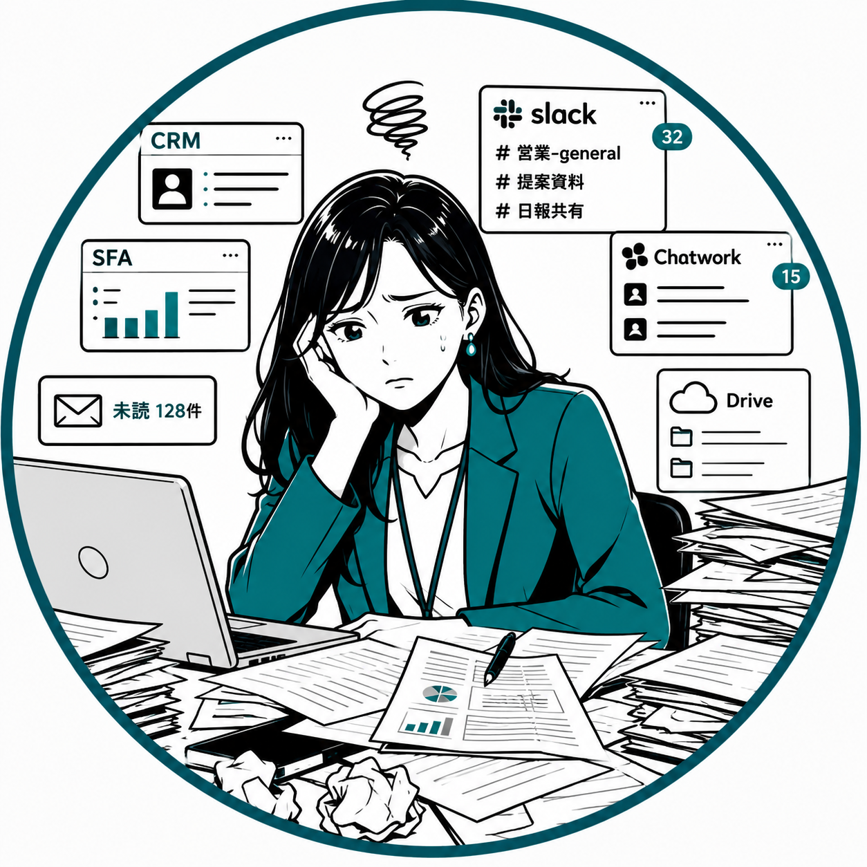 CRM・SFA・Slack・Chatwork・Drive…複数ツールと書類に埋もれて困っている みお